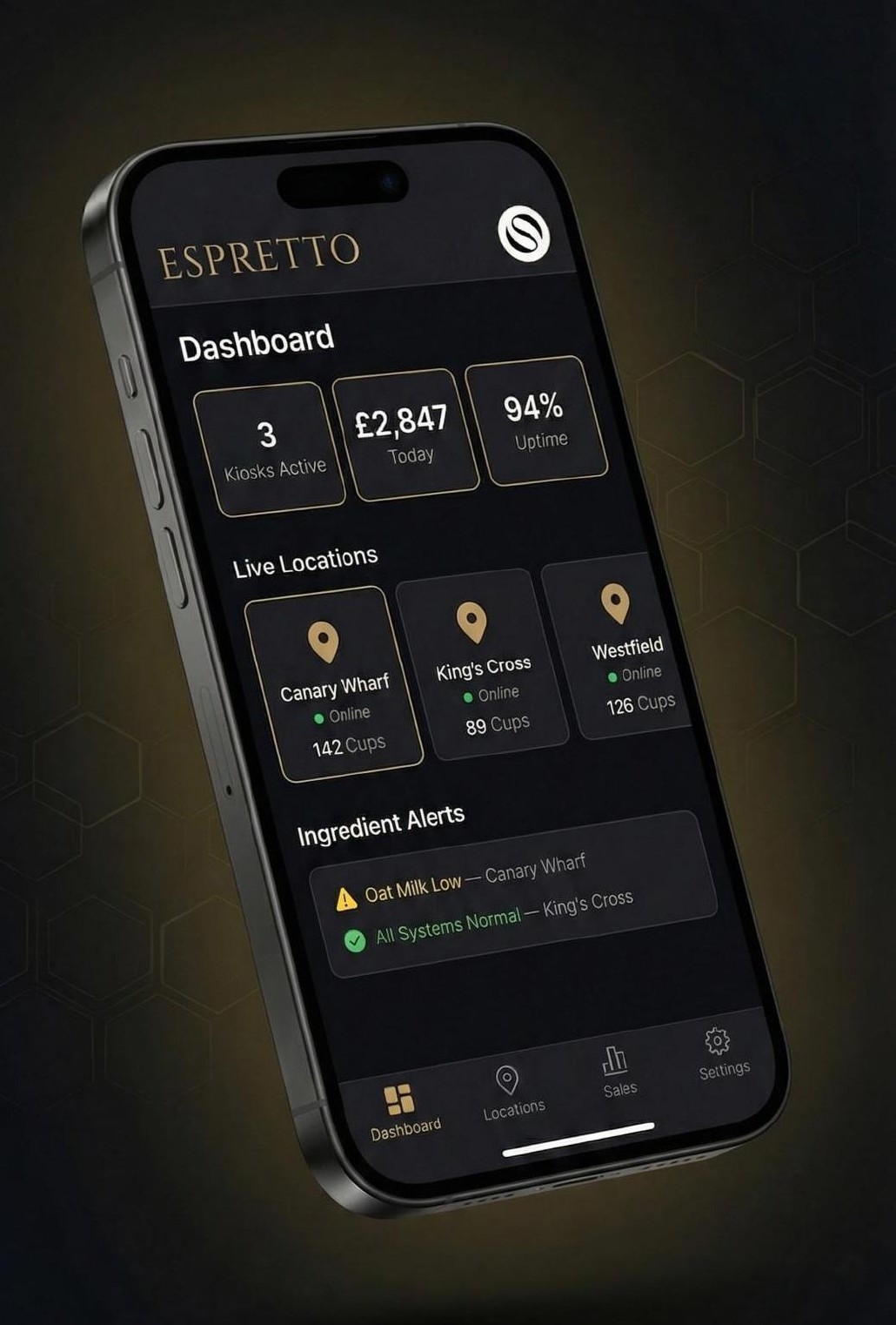 Real-time operations dashboard showing live kiosk locations, daily sales, uptime, and ingredient alerts