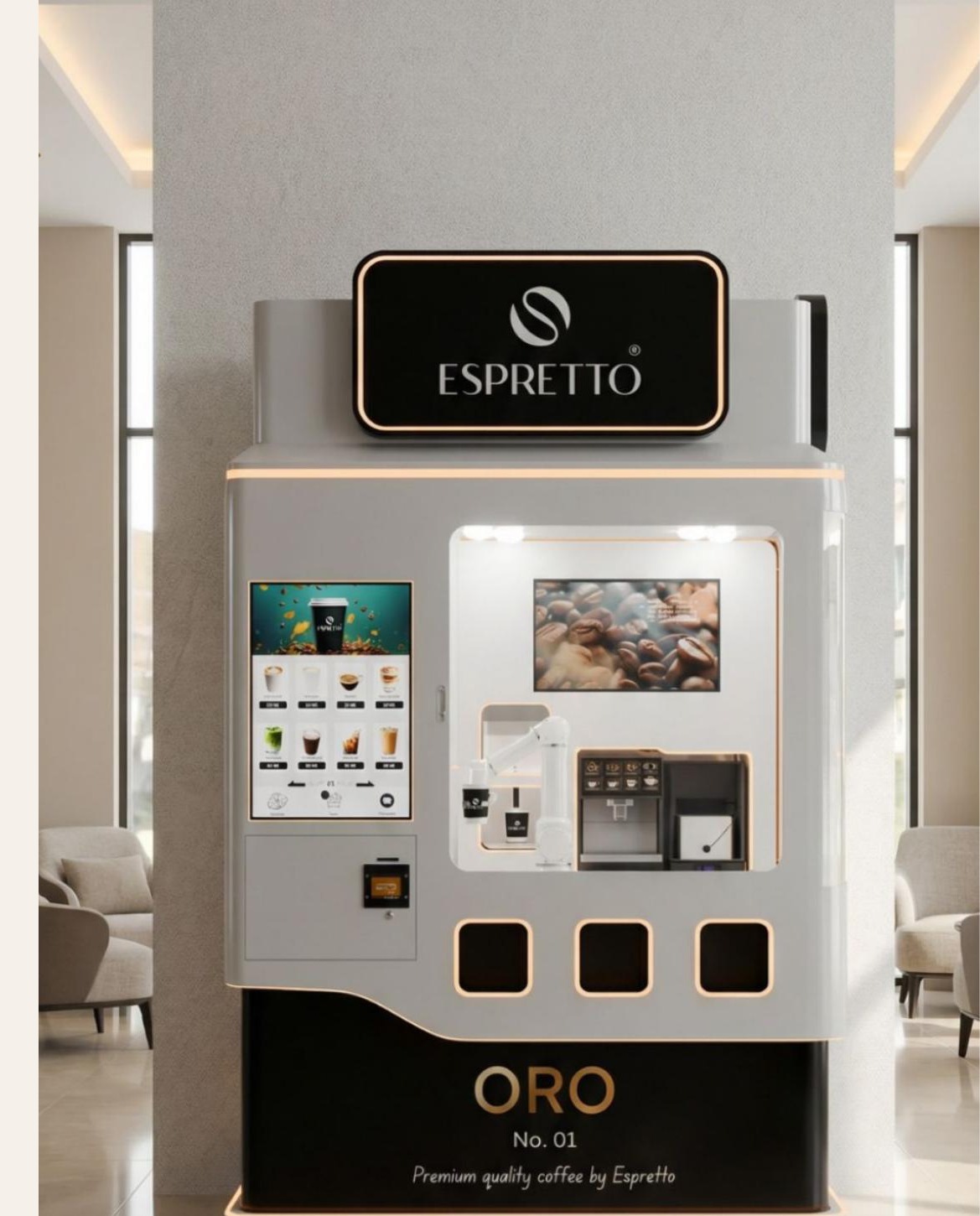 Espretto ORO No. 01 AI Robot Barista kiosk in a premium retail setting