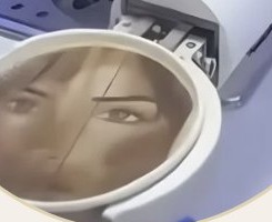 A custom portrait printed in foam by the ORO No. 01 AI latte art system, moments before the cup is dispensed